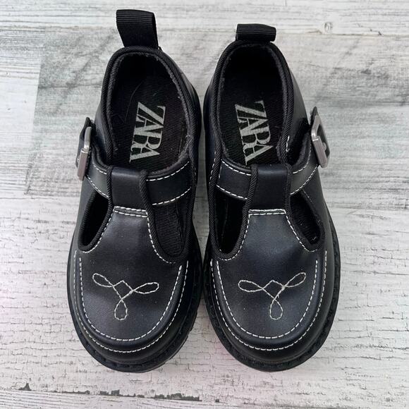Zara Kids T-Strap Mary Jane Shoes Size EU 22 US 6 Black Embroidered Buckle Fall - Picture 4 of 9